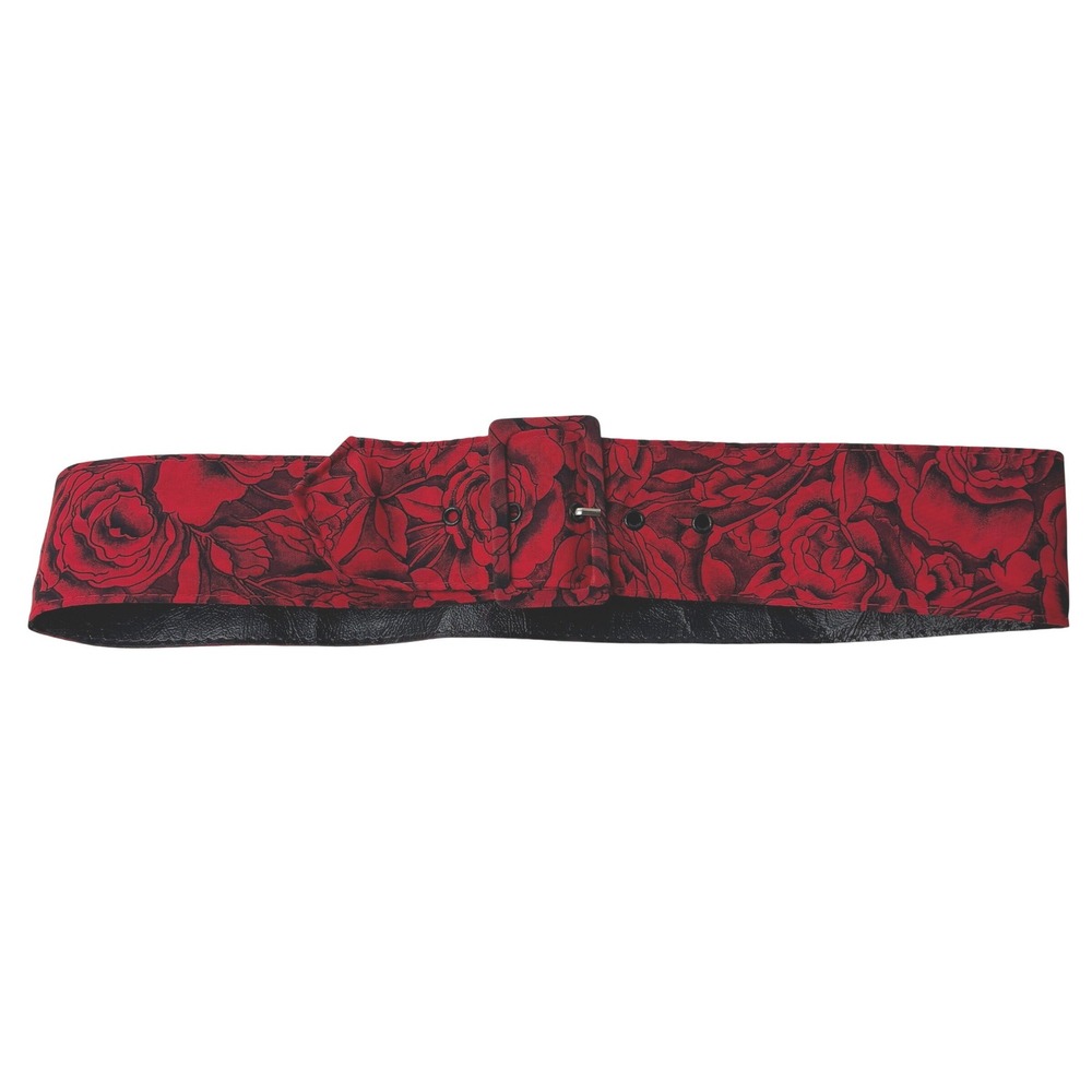 VTG Red Black Rose Floral Print Wide Waist Belt Rockabilly‎ Pinup Dark Romantic